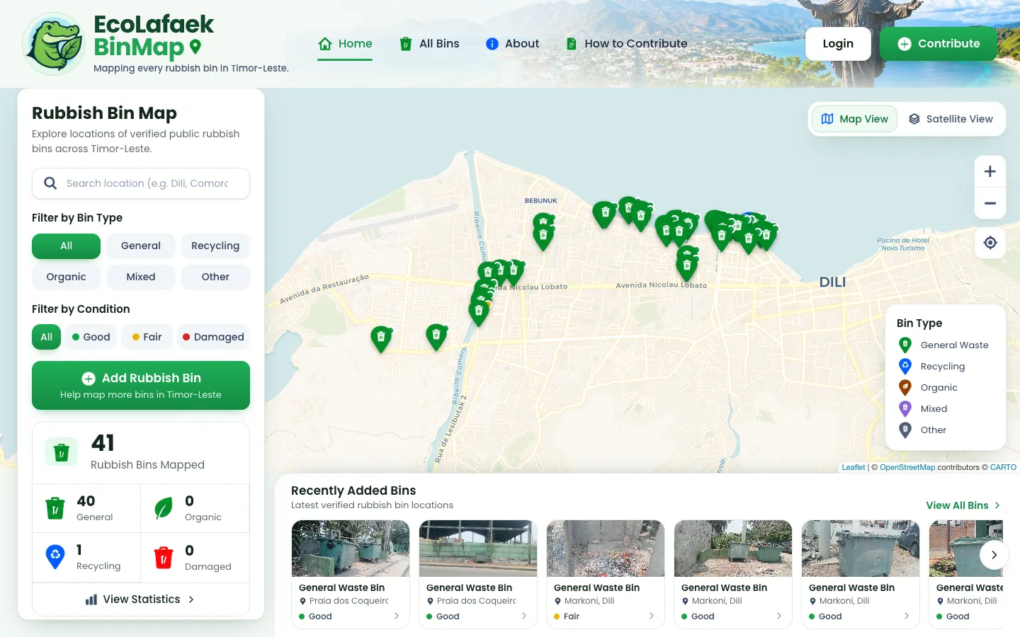 EcoLafaek BinMap: map of public rubbish bins in Díli