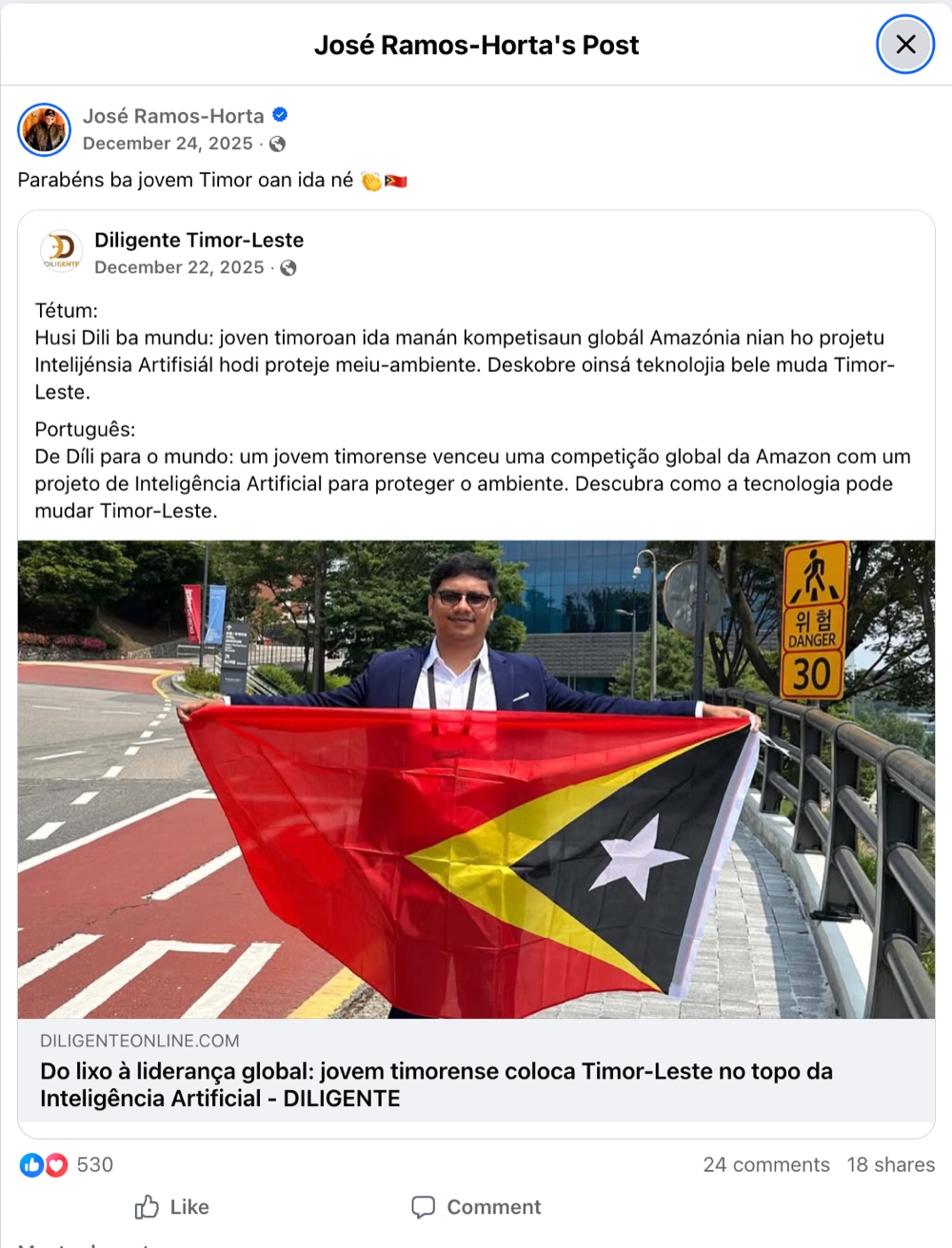 President José Ramos-Horta's congratulations post for EcoLafaek
